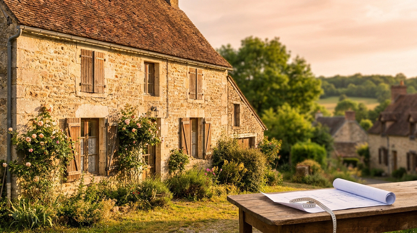 Une maison de campagne en pierre avec un plan architectural et un mètre ruban sur une table au premier plan.