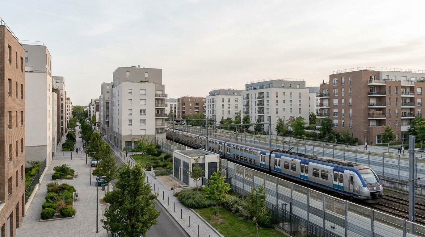 Vue plongeante sur des immeubles modernes bordant une voie ferrée avec un train passant à Saint-Maur.