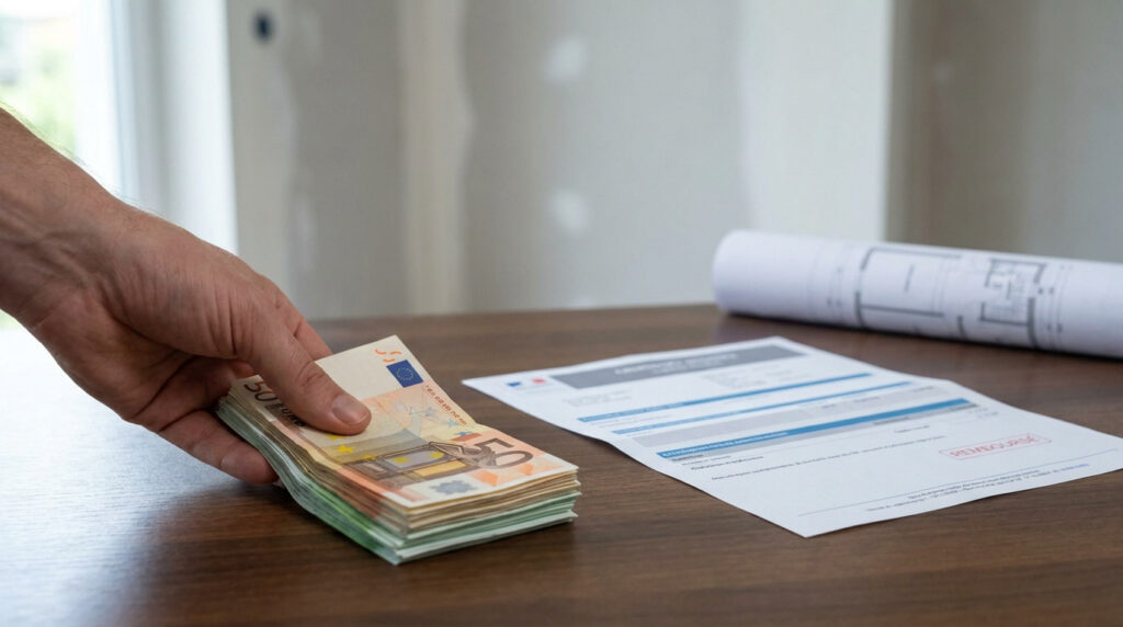 Main posant une liasse de billets de 50 euros près d'un document administratif tamponné « Remboursé » et d'un plan.
