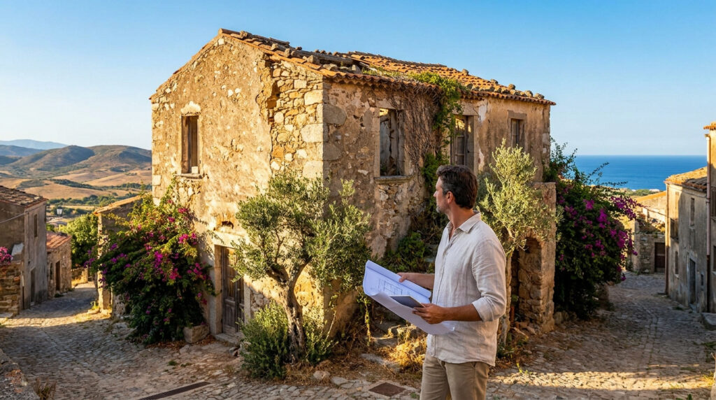 Un homme examine des plans devant une vieille maison en pierre délabrée dans un village pittoresque de Sardaigne.