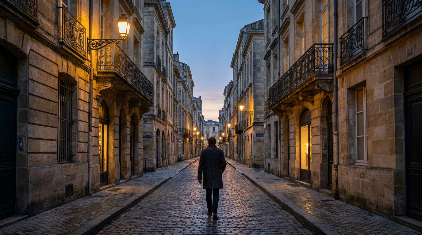 Une personne marche seule dans une rue pavée typique de Bordeaux au crépuscule, entourée d'immeubles en pierre dorée.