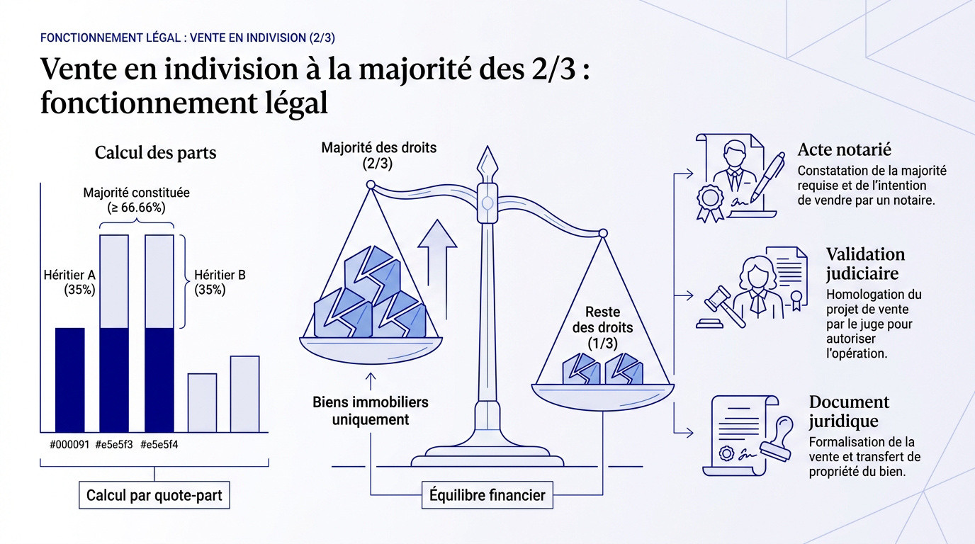 Représentation symbolique de la majorité des deux tiers dans une vente immobilière en indivision