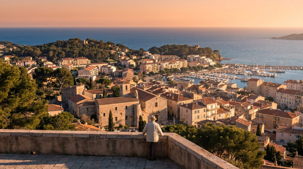 Homme âgé regardant une vue aérienne de la ville de La Seyne-sur-Mer et son port au coucher du soleil.